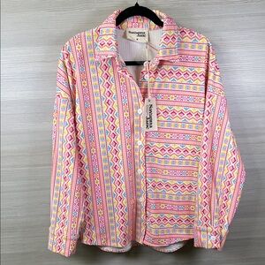 Savanna Jane NEW Corduroy Vibrant Pink Yellow Aztec Button Down Shacket | Medium